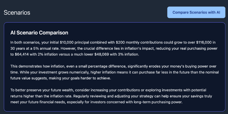 AI comparison of multiple compound interest scenarios with projected balances